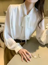 リボン付きホワイトシャツ【長袖・ゆったりシルエット・シフォン素材】