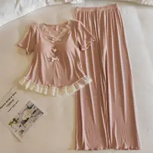 胸パッド付き 春夏用レディース半袖レースパジャマ【極上の柔らかさ・モダールコットン・ホームウェア】（セットアップ対応）