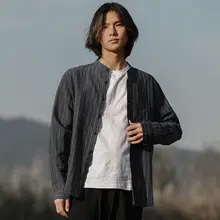 ストライプ柄 男性用リネンシャツ【春秋用・長袖・カジュアルデザイン】