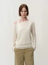 斜め肩デザインの長袖Tシャツ【リネン混素材・秋用・シャーリング・肌触り良好】（セットアップ対応）