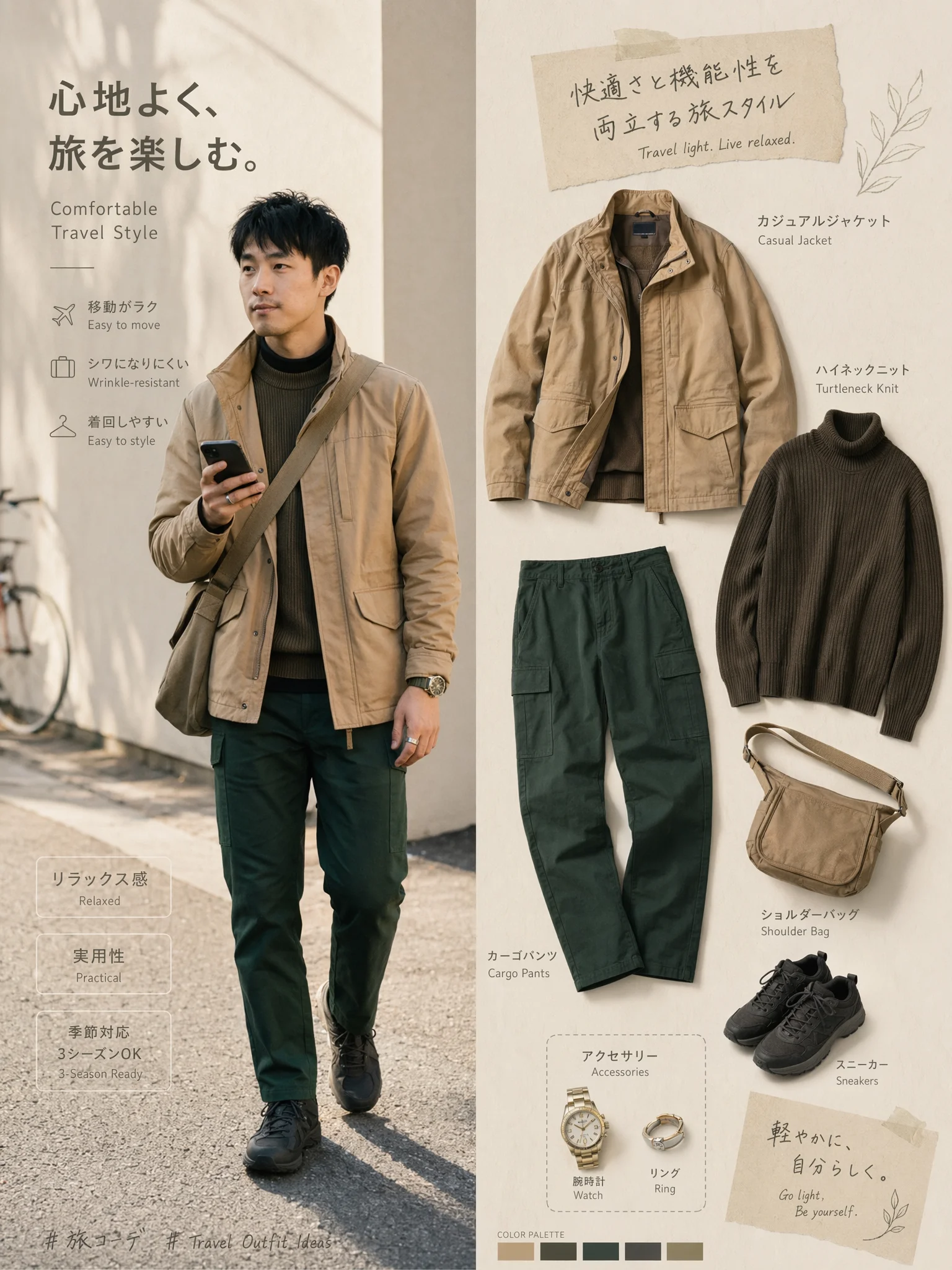ブラックの半袖Tシャツ、オリーブのタートルネック、ベージュのジャケット、グリーンのカーゴパンツ、黒のスニーカー、小物を合わせたユーティリティスタイル