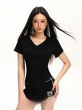 Vネック抽褶短袖Tシャツ【夏用・ウエストシェイプ・スリムフィット・ニット】