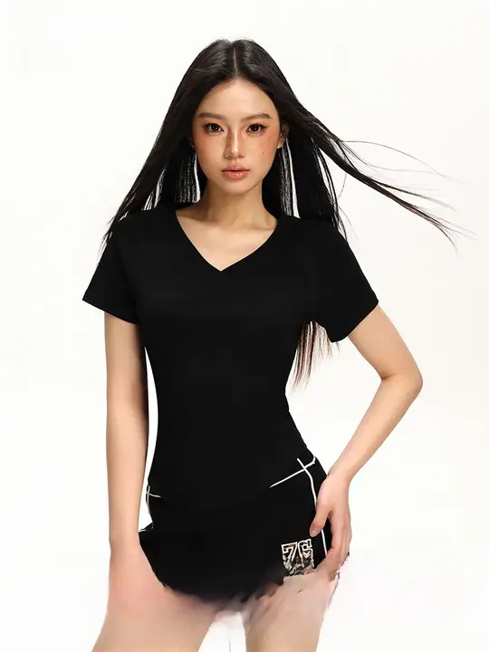 Vネック抽褶短袖Tシャツ【夏用・ウエストシェイプ・スリムフィット・ニット】