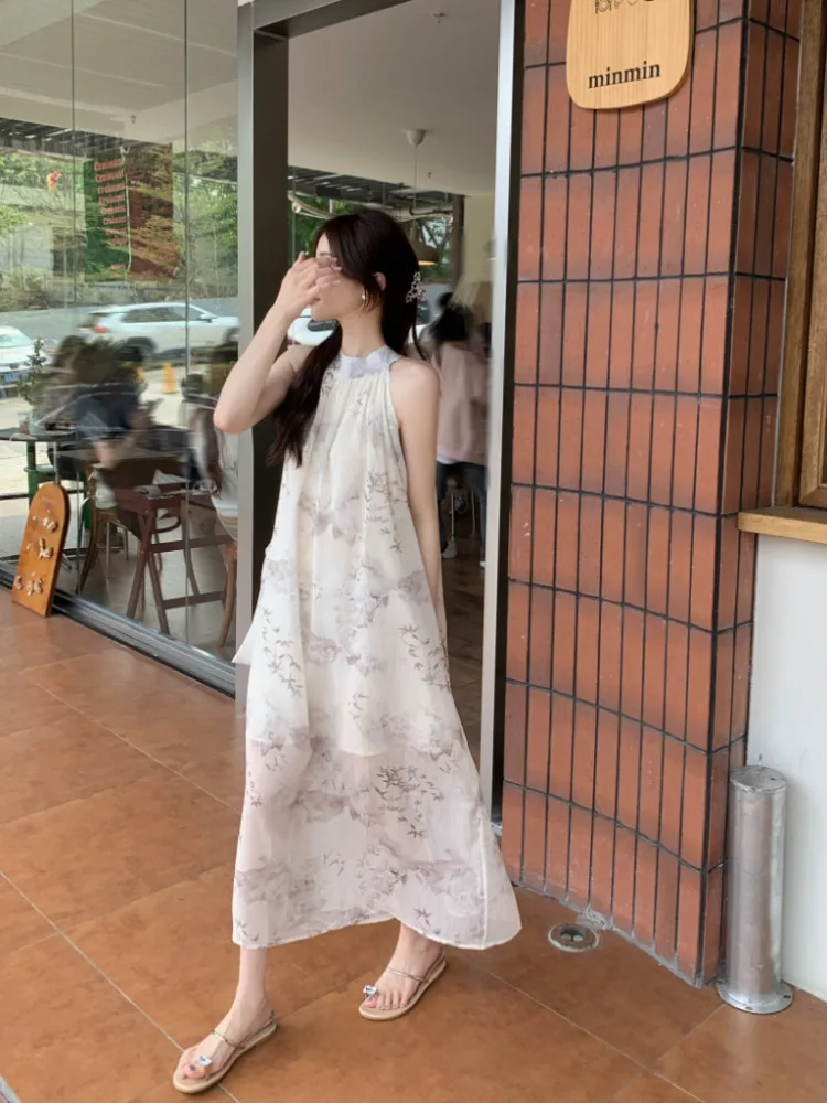 新中式プリントネックレス付きワンピース：夏季Aラインフレンチスタイルの実用性と季節適応性