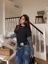 ストライプとドットのデザイン！レディース長袖Tシャツ【春用・クルーネック・おしゃれな重ね着風】