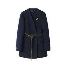 深い色合いの金属チェーン付きダブルフェイス羊毛コート【女性用・冬用・高級感】