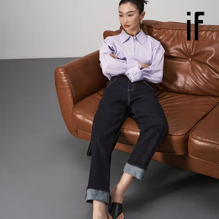 ハイウエストストレートデニムパンツ【レトロスタイル・裾翻り・美脚効果】（セットアップ対応）