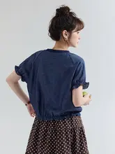 デニムフリルデザインのルーズフィットシャツ【女性用・夏向け・ラウンドネック】