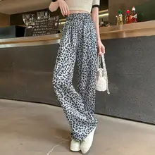 レディース ヴィンテージ風豹柄アイスシルクワイドパンツ【 薄手・夏用・フィット・ストレートボトム】（セットアップ対応）