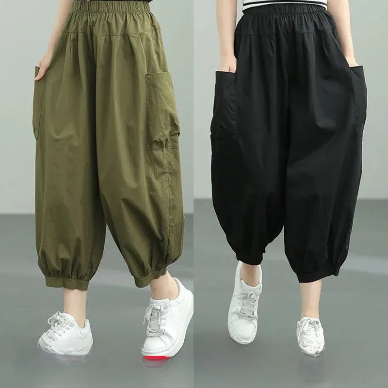 大きいサイズのコットンハーレムパンツ【高腰・九分丈・ゆったり・春秋向け】（セットアップ対応）