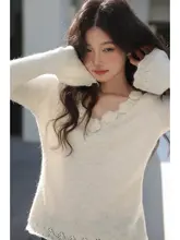 立体花柄ニットトップス【米白色・春用・女性用】