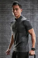 メンズ夏用ショートスリーブランニングTシャツ【伸縮性・速乾・立ち襟・バスケットボールトレーニング用】