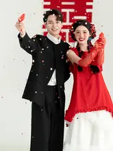 喜びのオレンジ色の国風テイストジャケット【カジュアルスーツ・新郎用・結婚式・宴会】（セットアップ対応）