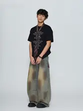 アメリカンスタイルのデザイン！ヴィンテージ風ダメージ加工デニムパンツ【ストリート＆ヒップホップ】（セットアップ対応）