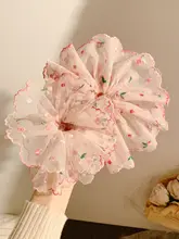 ピンクの花柄刺繍ナイロンヘアゴム【大きめデザイン・夏用】（セットアップ対応）