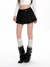 黒色 学院風ハイウエストプリーツスカート【女性用・Aライン・ボタン装飾・短め】