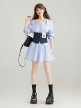オフショルダーシャツワンピース【秋用・ウエスト絞り・シックなデザイン】（セットアップ対応）