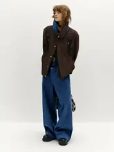 レトロ風ダブルウエストデザインのゆったりストレートパンツ【コットン製・秋用】