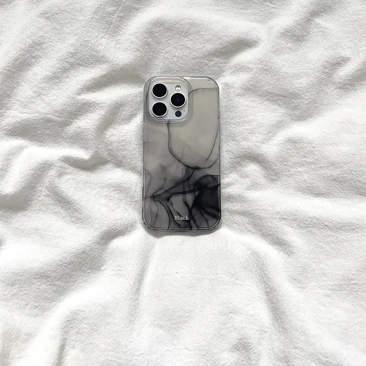 半透けデザインの黒灰水墨風スマホケース【iPhone用・シンプルで個性的】