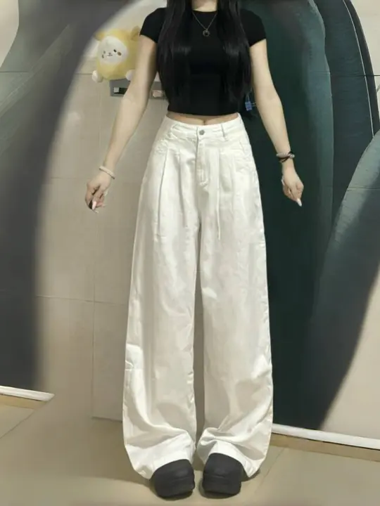 高身長向けロングホワイトワイドデニムパンツ【スタイル・プリーツ・ゆったりシルエット】
