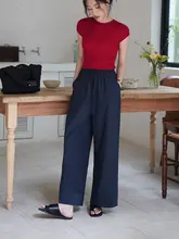 ワイドパンツ レディース 薄手 塩系 ゴムウエスト ストレート カジュアル 着痩せ 着回し 通勤 夏