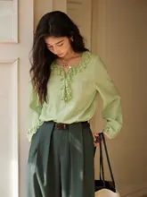 レースフリルデザインのブラウス【秋季・女性用・ゆったり長袖】