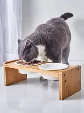 調整可能な竹製スタンド付き二重陶器ペットボウル【犬用・猫用・首に優しい傾斜設計】