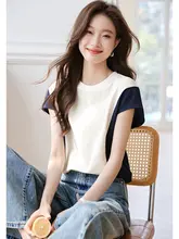 モジュラーデザインのノースリーブレディースTシャツ【カラーコントラスト・カジュアル・夏用】