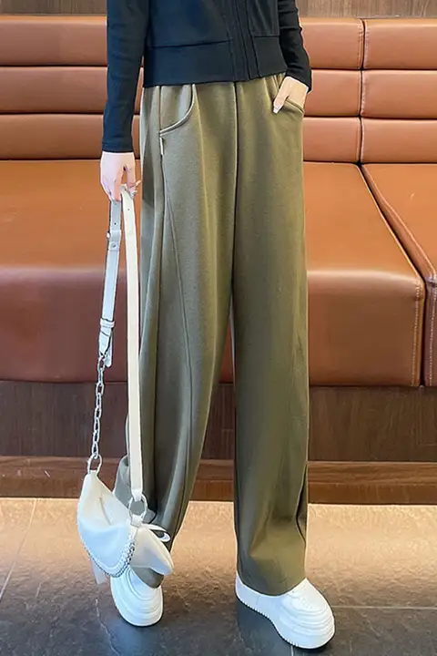 高腰のフィットワイドパンツ【女性用・秋用・トレンドデザイン・スリム効果】（セットアップ対応）
