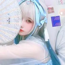 かわいいロリィタスタイルのグラデーションロングウィッグ【アイスブルー・フルカバーモデル】