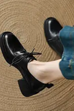 小羊皮製の粗いヒールレースアップバレエシューズ【春秋用・深口デザイン・女性用】