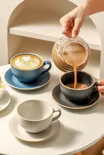 カフェラテアート用 陶器製エスプレッソカップ【ヴィンテージ風・オシャレデザイン・プレート付き】