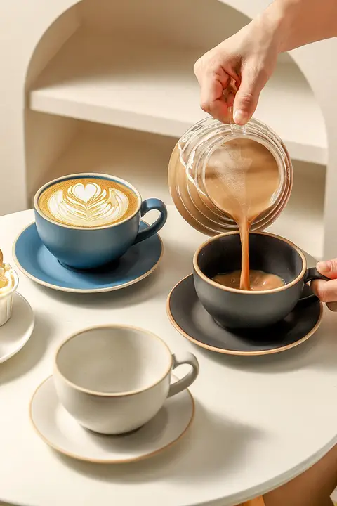 カフェラテアート用 陶器製エスプレッソカップ【ヴィンテージ風・オシャレデザイン・プレート付き】