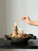 侘寂風の実木トレイとキノコ飾りの組み合わせ【西洋古風・高級感のあるインテリア】（セットアップ対応）