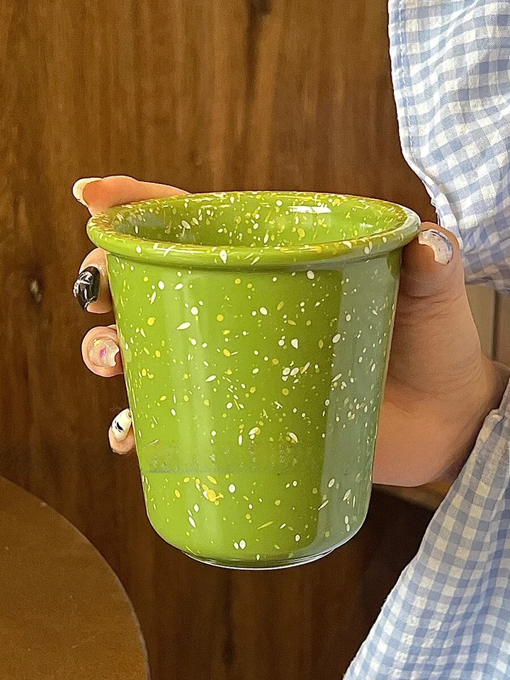 ビンテージ風の掛け流し陶器カップ【コーヒーラテ・家庭用ミルクカップ・マグカップ】