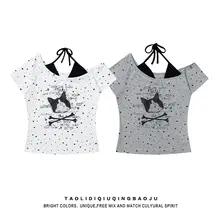 星柄プリントの斜め肩短袖Tシャツ【レディース・夏用・シルエットを美しく見せるデザイン・ショート丈】