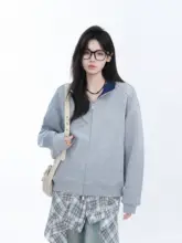韓国風 バイカラー フード付きジップカーディガン【ゆったりシルエット・秋用・ユニセックス】
