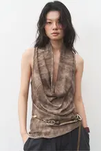 天絲リネン製ティー染めの不規則デザイン ノースリーブトップス