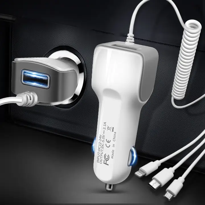 USB車載スマホ充電器【三口充電・多機能・伸縮式ケーブル】