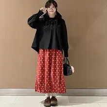 復古スタイルのドット柄花苞スカート【ウエストゴム・中丈・秋用・シワ加工】