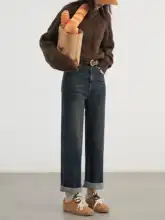 CHICVEN ハイウエスト ストレートレッグデニムパンツ【クリンクル デザイン・フリース裏地・レディース】