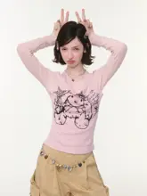春秋向け 兔子プリントのフィットネスハイネック長袖シャツ【女性用】