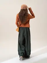 バルーンパンツ レディース グリーン 韓流 フリル パッチワーク ゴムウエスト ハイウエスト 着痩せ アンクル丈 ワイドパンツ 秋
