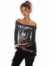 レディースオフショルダー長袖Tシャツ【アメリカンレトロ・スリムフィット・星柄】