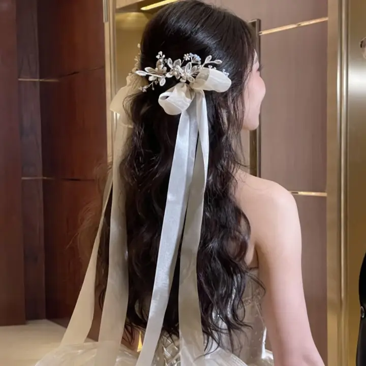 優雅なネットチュールリボンヘアクリップ【結婚式用・飾り付き】