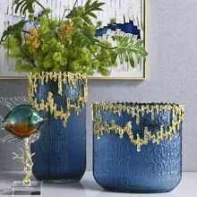 ユニークな青いガラス花瓶【大口径・リビング・玄関用・アート装飾】