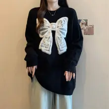 体型カバーに最適！リボン付きラフニットトップス【秋冬用・ゆったりシルエット・中長丈】