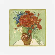 華やかなデザインの植物モチーフシルク風スカーフ【ヴァン・ゴッホ風・ダイジ草花】