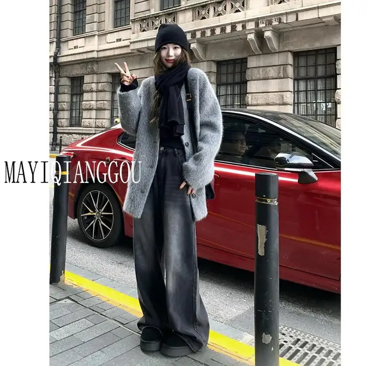 高身長向けロングデニムパンツ【ハイウエスト・スリム効果・ルーズフィット・秋冬用】（セットアップ対応）