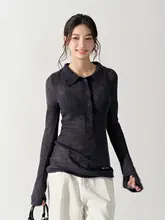 秋冬用シンプルなデザインの微透け翻領ニット